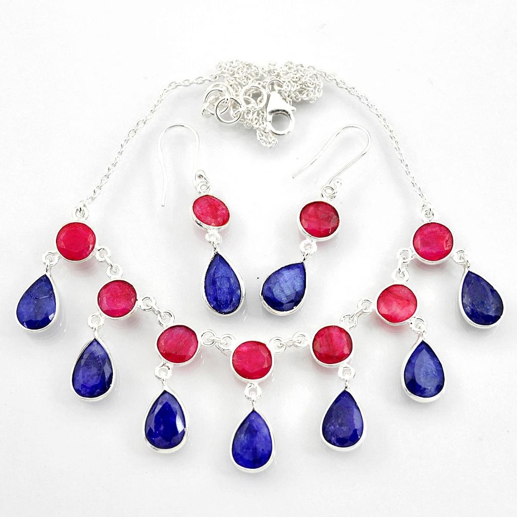 925 silver 55.86cts natural red ruby blue sapphire earrings necklace set d45857