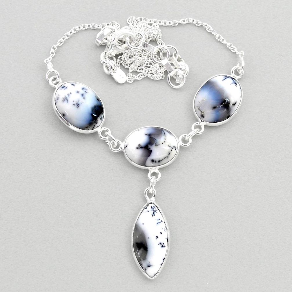 925 silver 21.48cts natural white dendrite opal (merlinite) oval necklace t45269