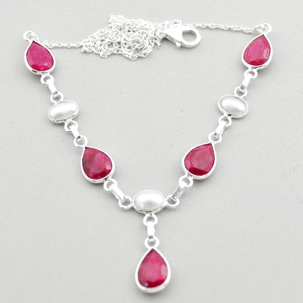 925 silver 17.55cts natural white pearl oval red ruby necklace jewelry t74118
