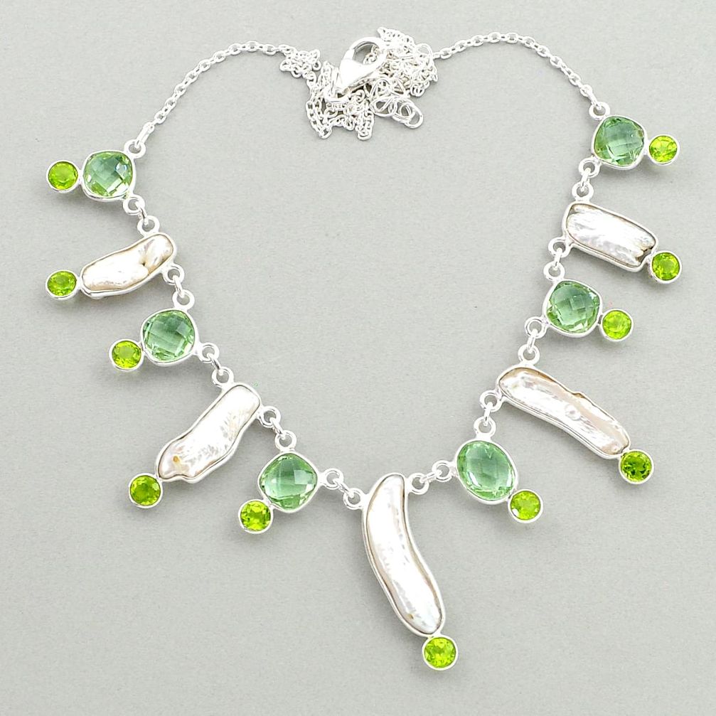 925 silver 29.60cts natural white pearl peridot green amethyst necklace u23680