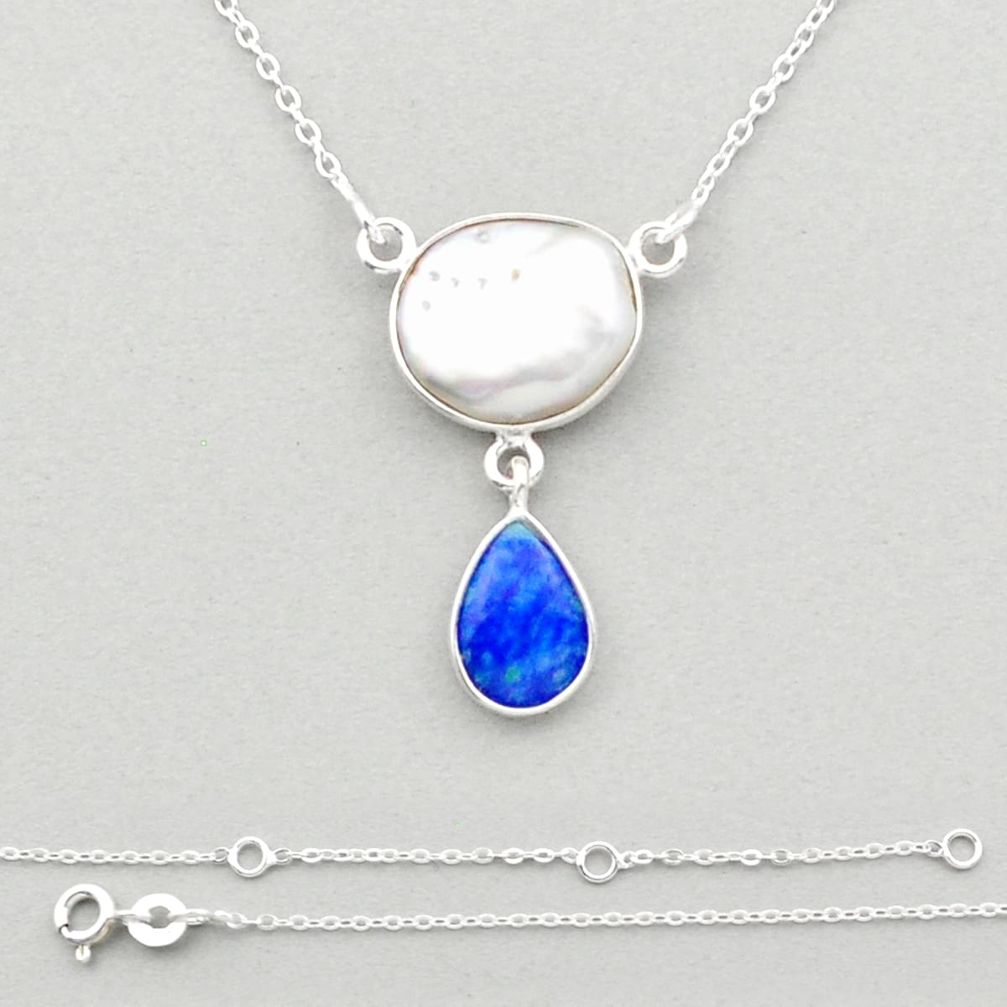 925 silver 9.61cts natural white pearl turquoise azurite necklace jewelry u14437