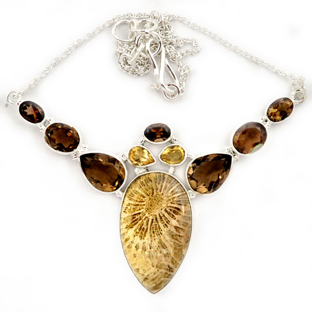 925 silver yellow fossil coral (agatized) petoskey stone topaz necklace j13332