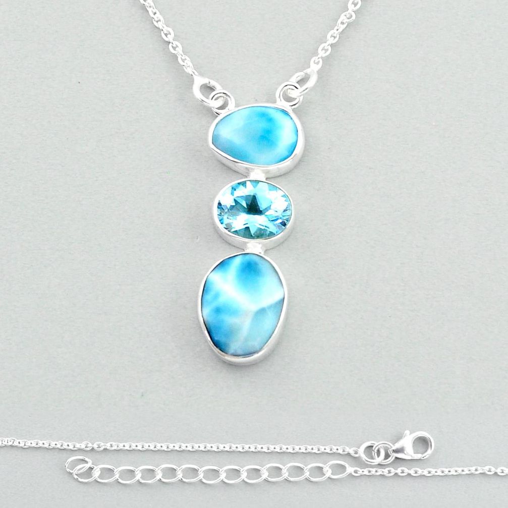 925 sterling silver 15.37cts 3 stone natural blue larimar topaz necklace u22658