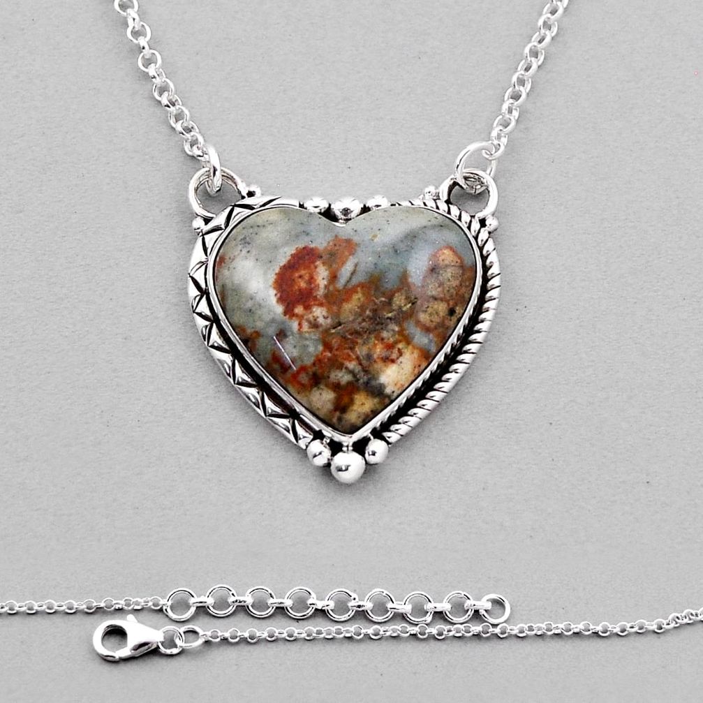 925 sterling silver 20.57cts heart natural brown picture jasper necklace n34387