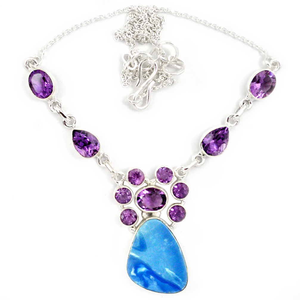 925 sterling silver natural blue australian opal (lab) amethyst necklace j13356