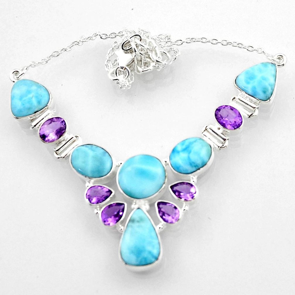 925 sterling silver 45.96cts natural blue larimar amethyst necklace r52245