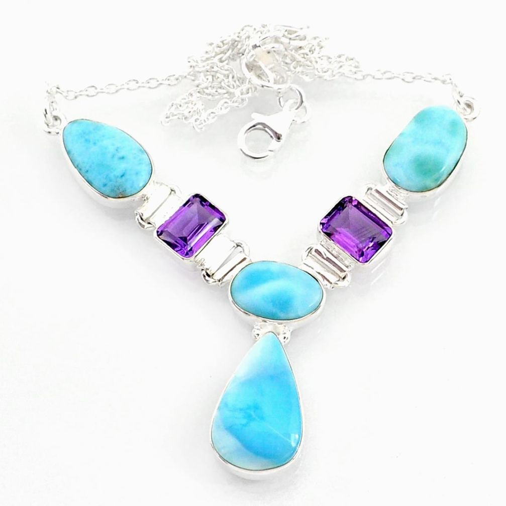 925 sterling silver 33.50cts natural blue larimar pear amethyst necklace r72995