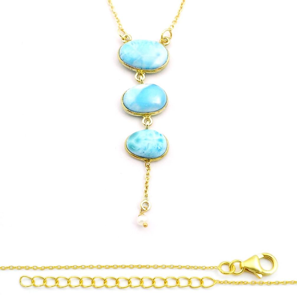 925 sterling silver 16.70cts natural blue larimar pearl gold necklace u50038