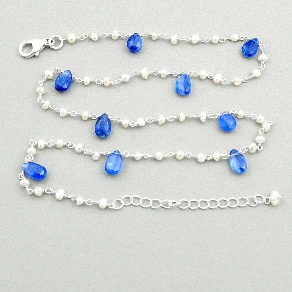 925 sterling silver 18.40cts natural blue sapphire pearl chain necklace u23651