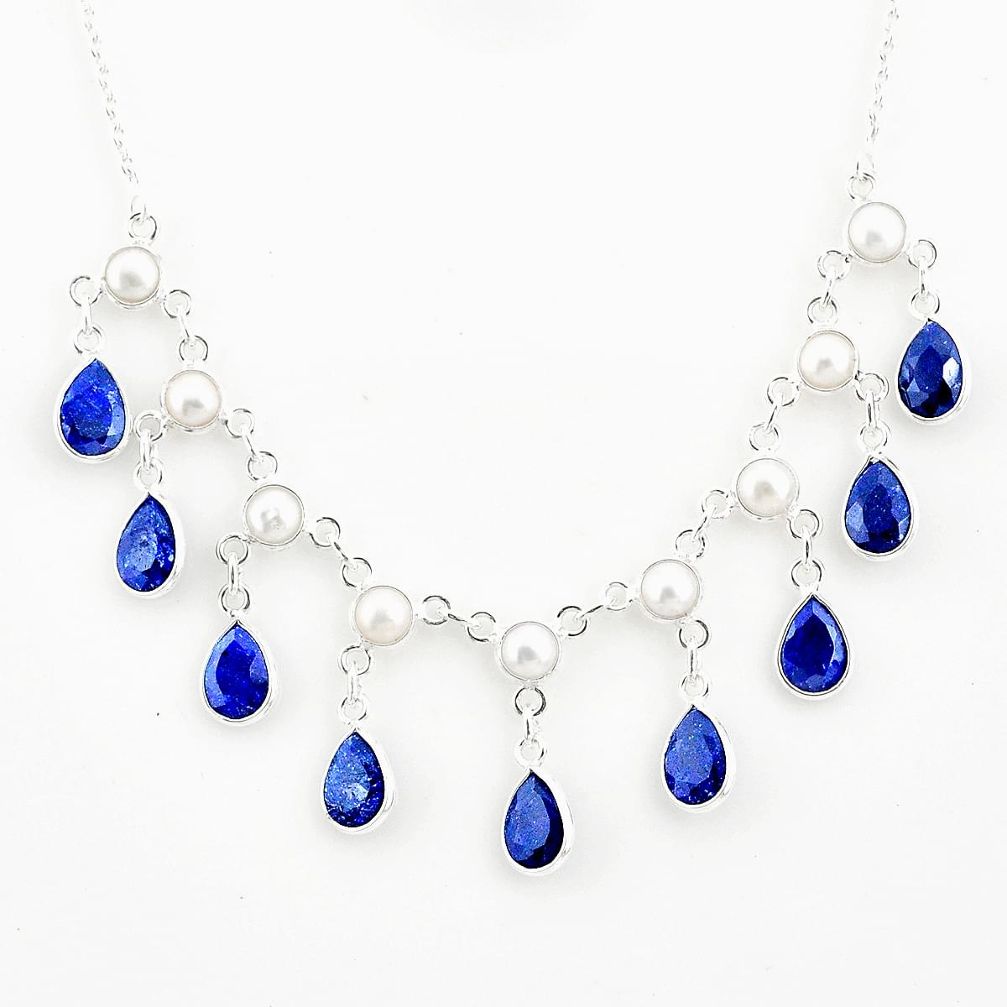 925 sterling silver 24.60cts natural blue sapphire pearl necklace jewelry r77391