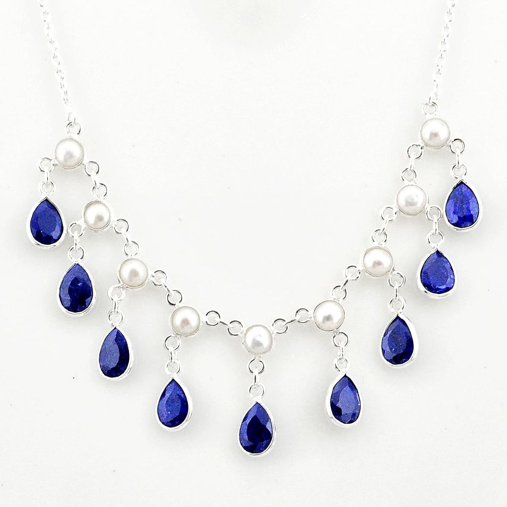 925 sterling silver 24.62cts natural blue sapphire pearl necklace jewelry r77415