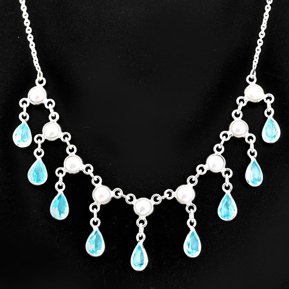 925 sterling silver 20.45cts natural blue topaz pear pearl necklace r77409