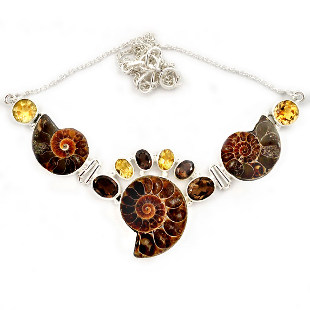 925 sterling silver natural brown ammonite fossil smoky topaz necklace j13323