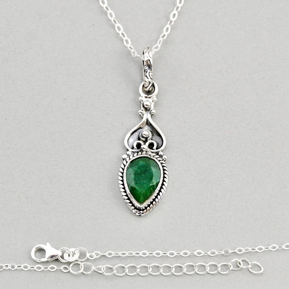925 sterling silver 2.31cts natural green emerald pear necklace jewelry y72132