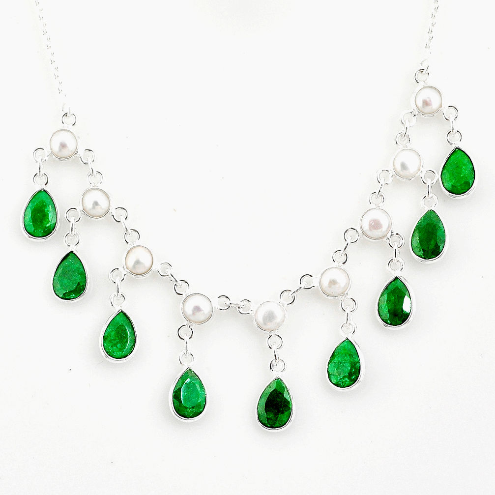 925 sterling silver 23.17cts natural green emerald pear pearl necklace r77388