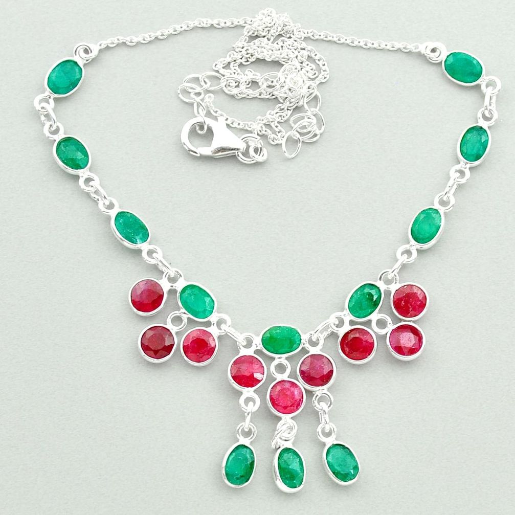 925 sterling silver 22.48cts natural green emerald red ruby necklace t50360