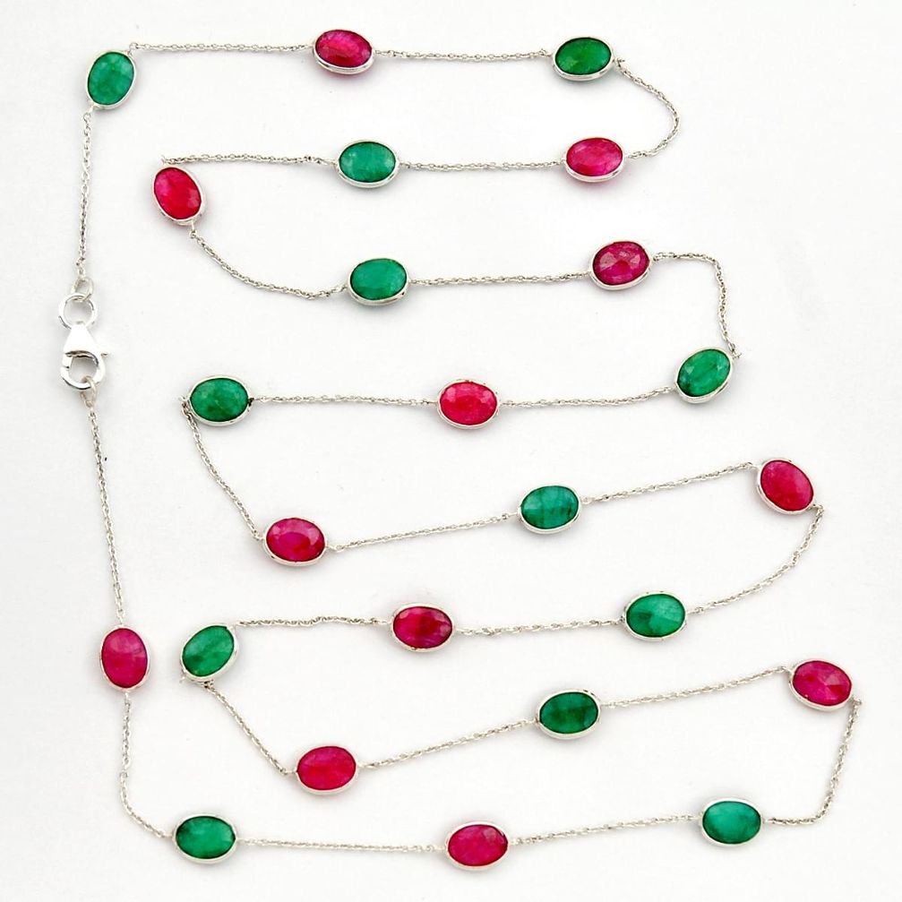 925 sterling silver 41.63cts natural green emerald ruby chain necklace r31498