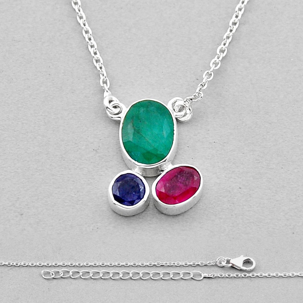 925 sterling silver 4.98cts natural green emerald ruby sapphire necklace n49510