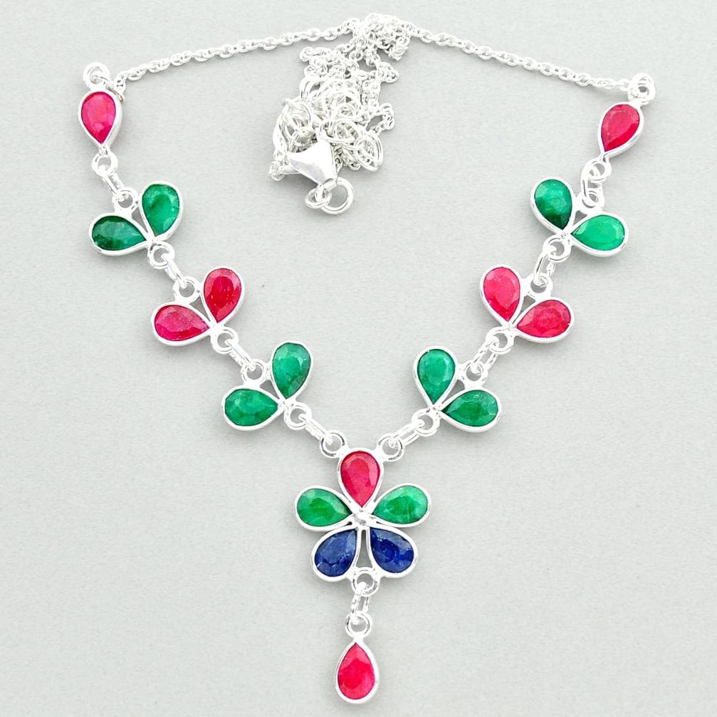 925 sterling silver 20.33cts natural green emerald ruby sapphire necklace t50365