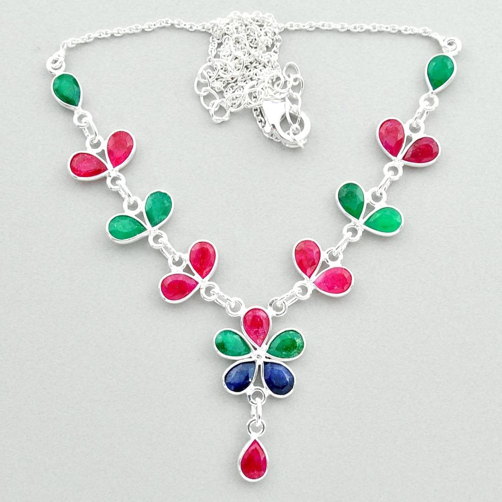 925 sterling silver 19.85cts natural green emerald ruby sapphire necklace t50368