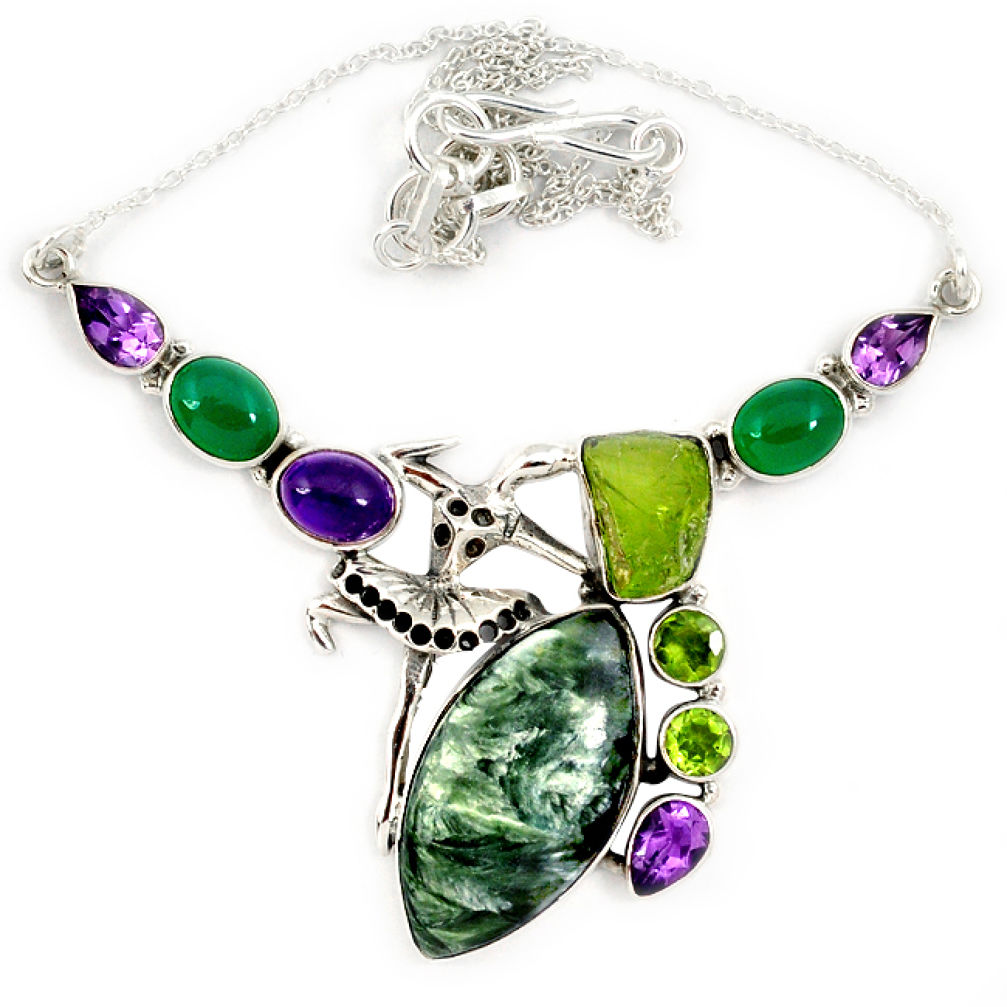 925 sterling silver natural green seraphinite (russian) amethyst necklace j13343