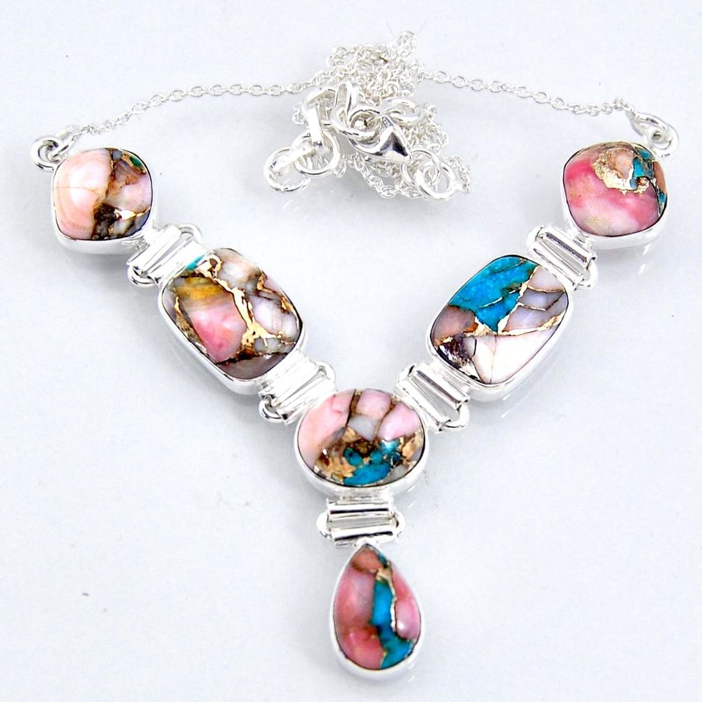 925 sterling silver 30.52cts natural pink opal in turquoise necklace r56064