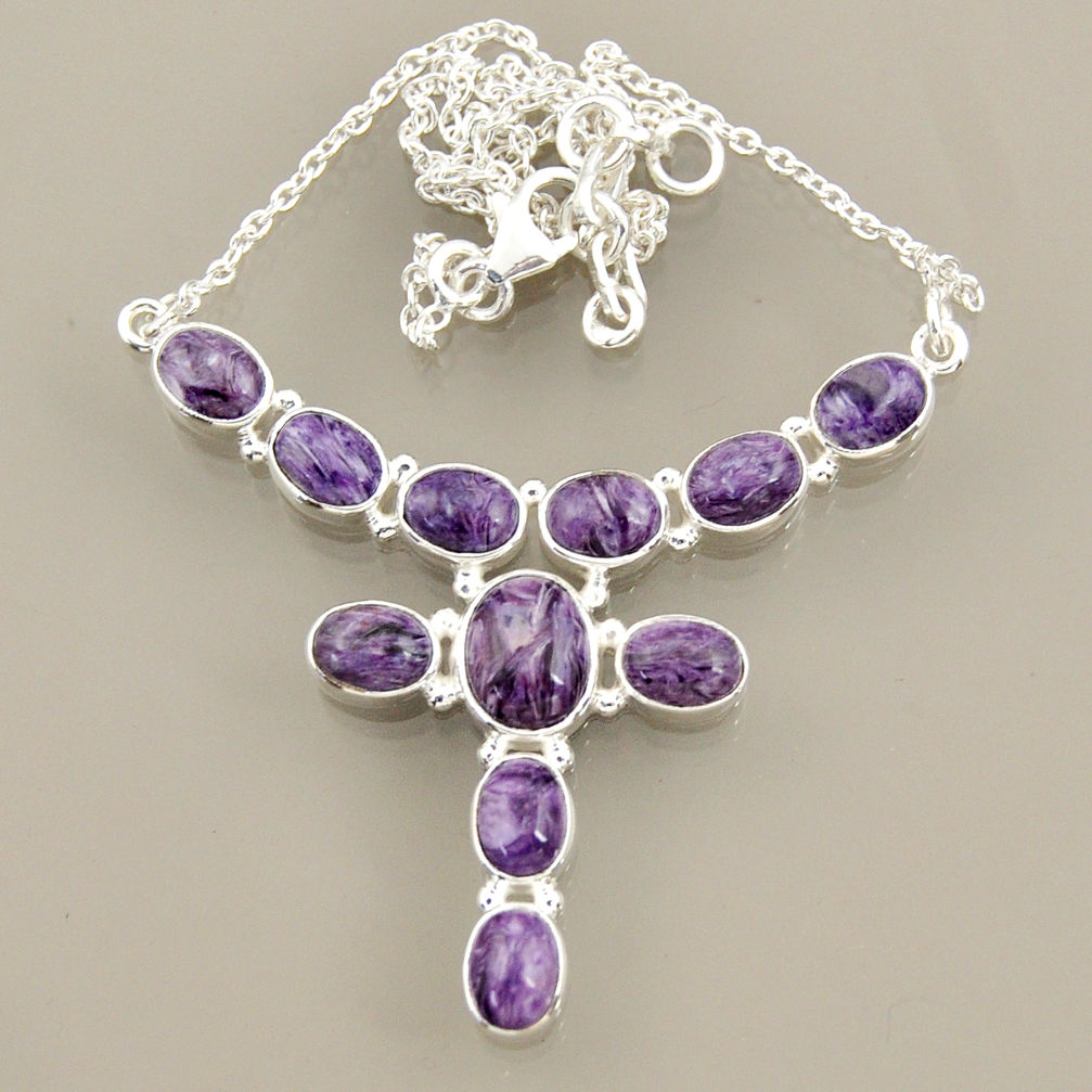 925 sterling silver 26.42cts natural purple charoite (siberian) necklace r47604