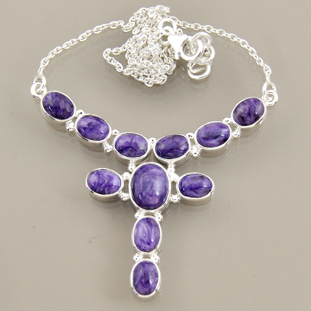 925 sterling silver 25.53cts natural purple charoite (siberian) necklace r47608