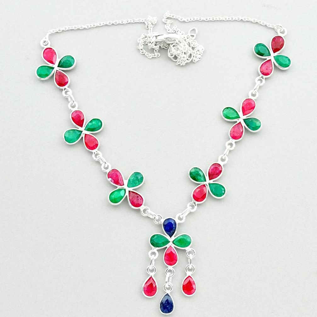 925 sterling silver 26.85cts natural red ruby emerald sapphire necklace t50339