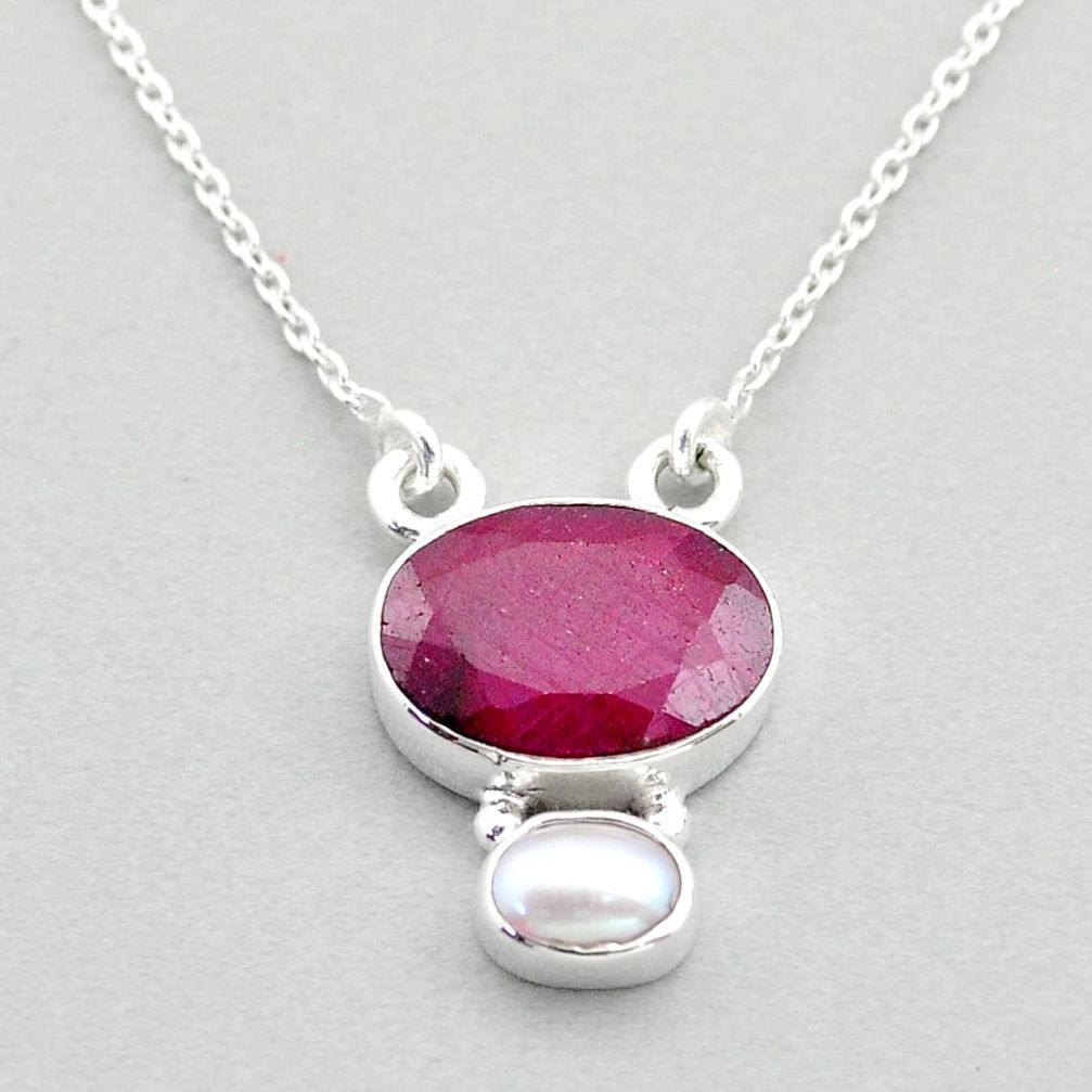 925 sterling silver 7.58cts natural red ruby oval pearl necklace jewelry t74044