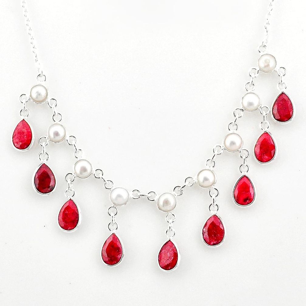 925 sterling silver 23.61cts natural red ruby pear white pearl necklace r77419