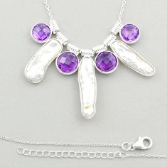 925 sterling silver 20.39cts natural white pearl fancy amethyst necklace u23609