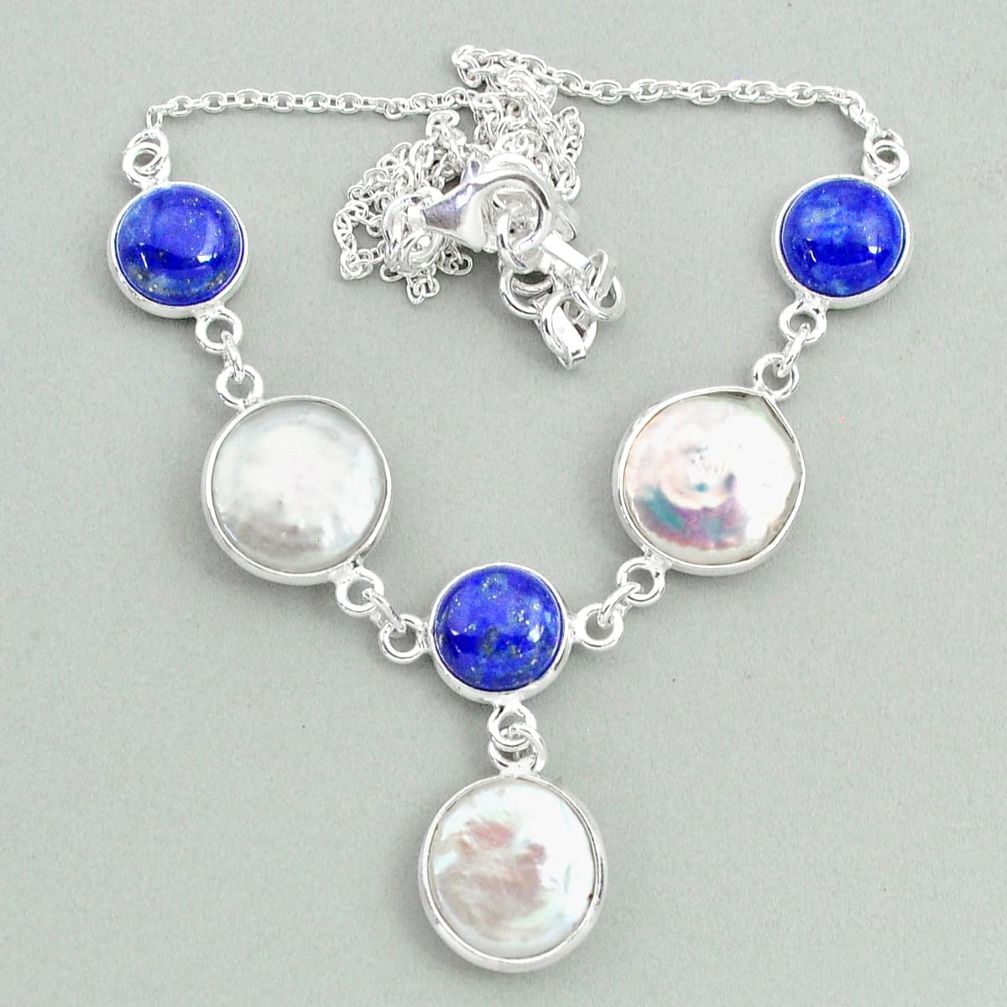 925 sterling silver 28.76cts natural white pearl lapis lazuli necklace t37276