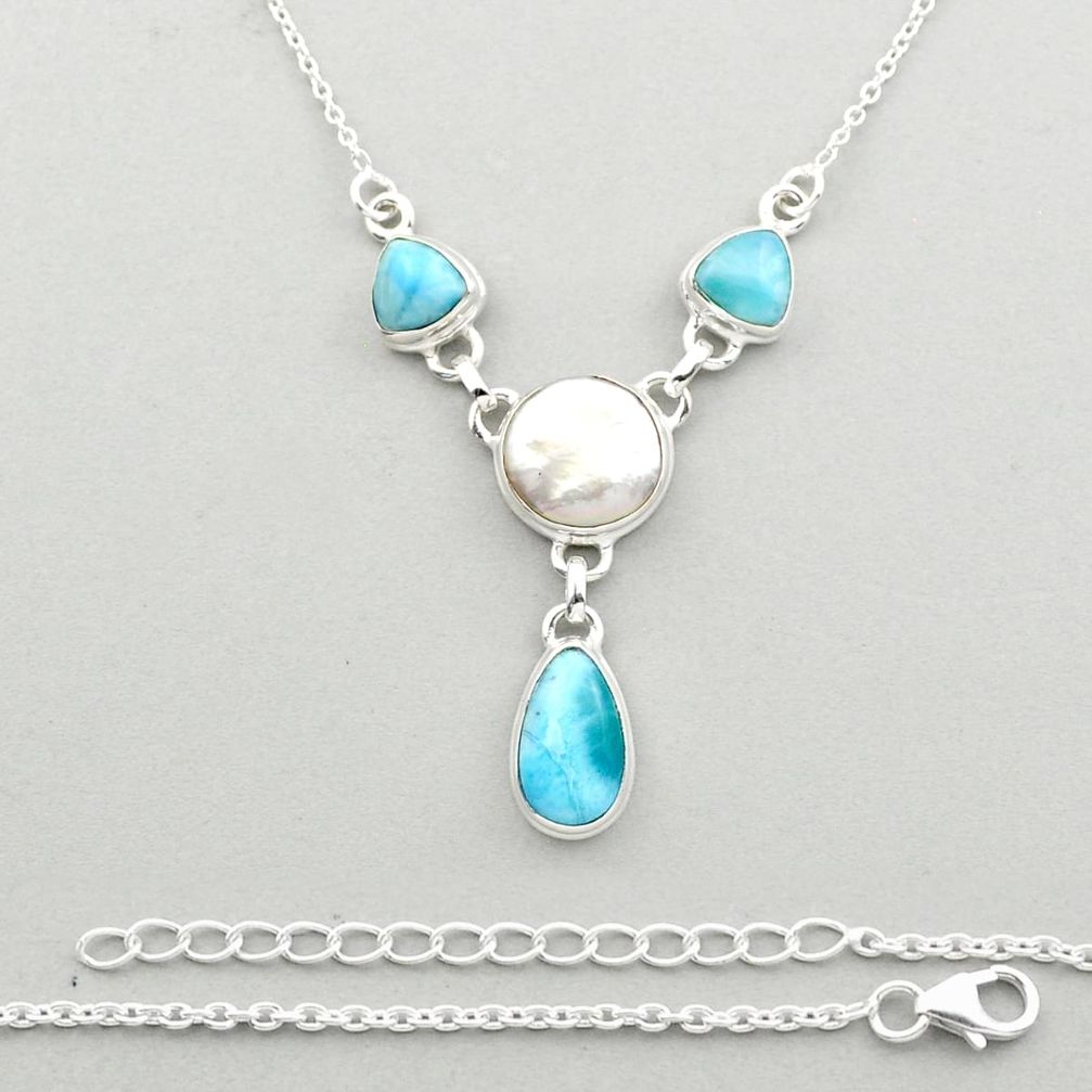 925 sterling silver 16.78cts sea life natural white pearl larimar necklace jewelry u14464