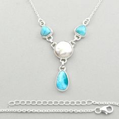925 sterling silver 16.78cts natural white pearl larimar necklace jewelry u14464