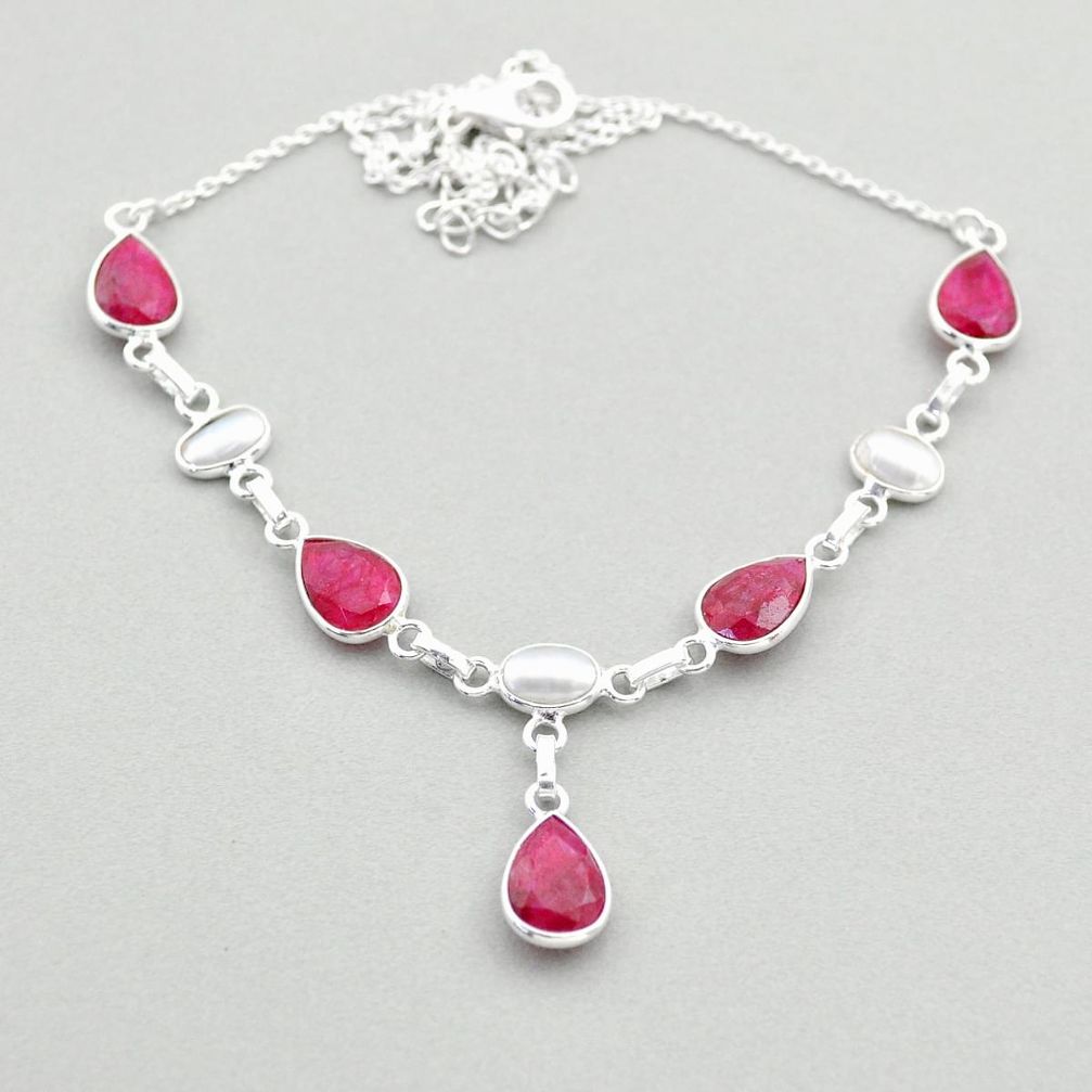 925 sterling silver 15.47cts natural white pearl ruby necklace jewelry t74039