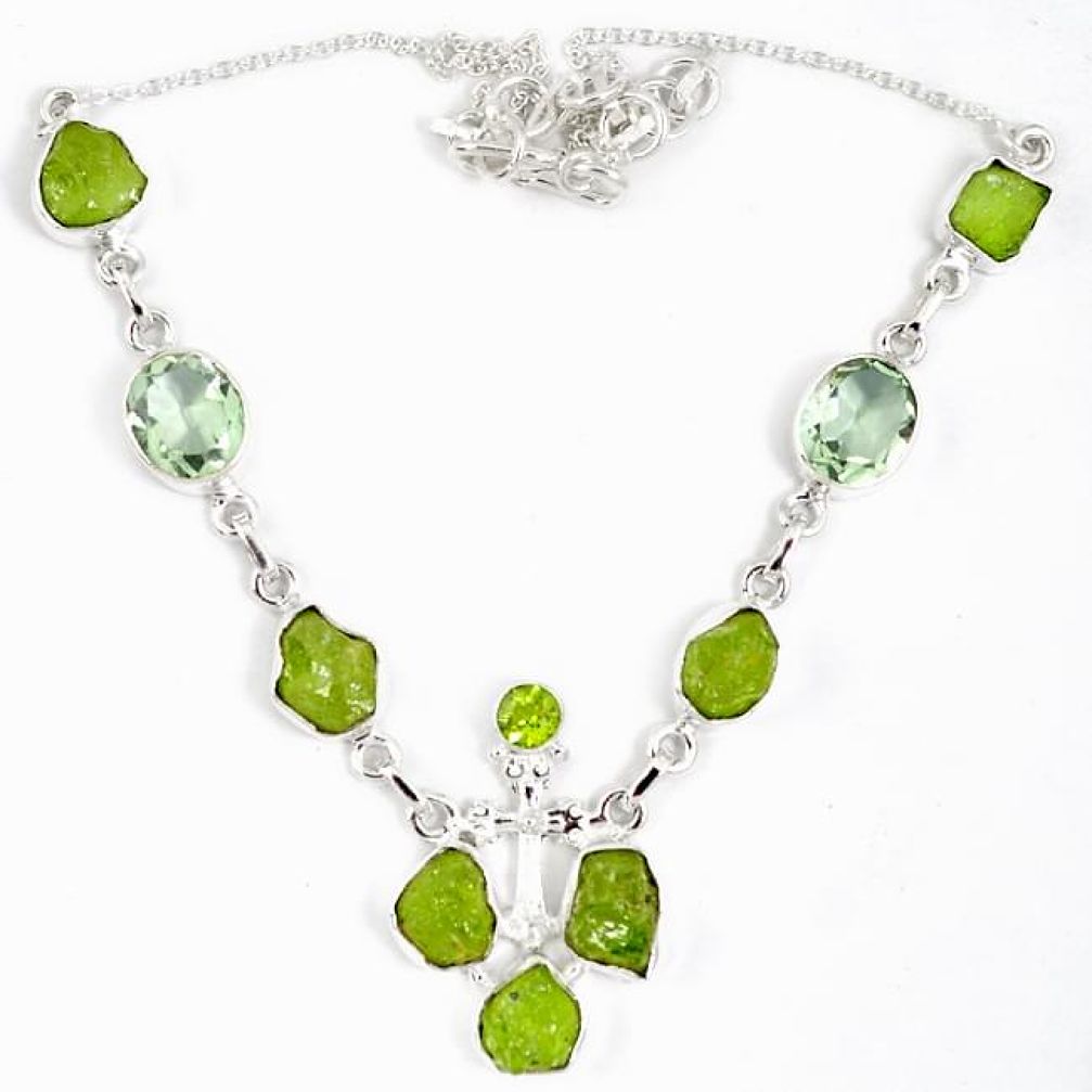 Natural green peridot rough druzy peridot 925 sterling silver necklace j15962