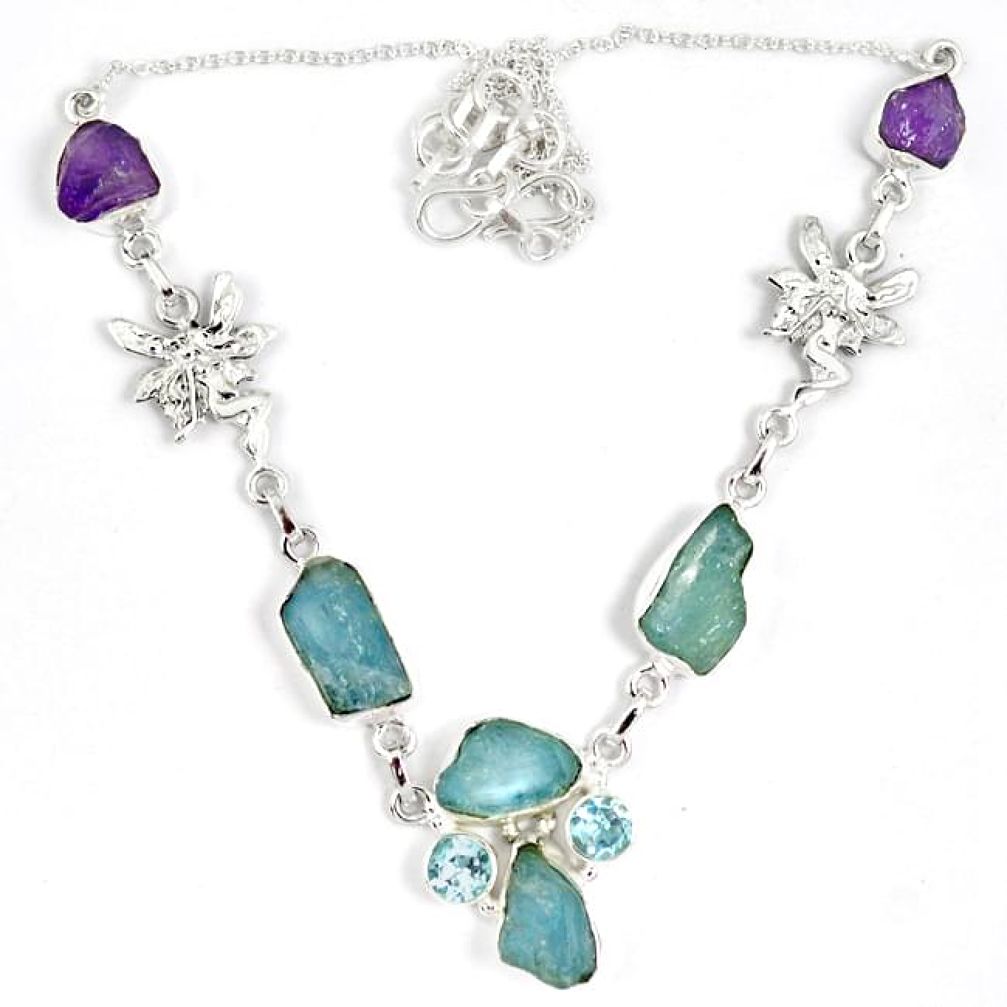 Natural aqua aquamarine rough druzy 925 silver angel wings necklace j15964