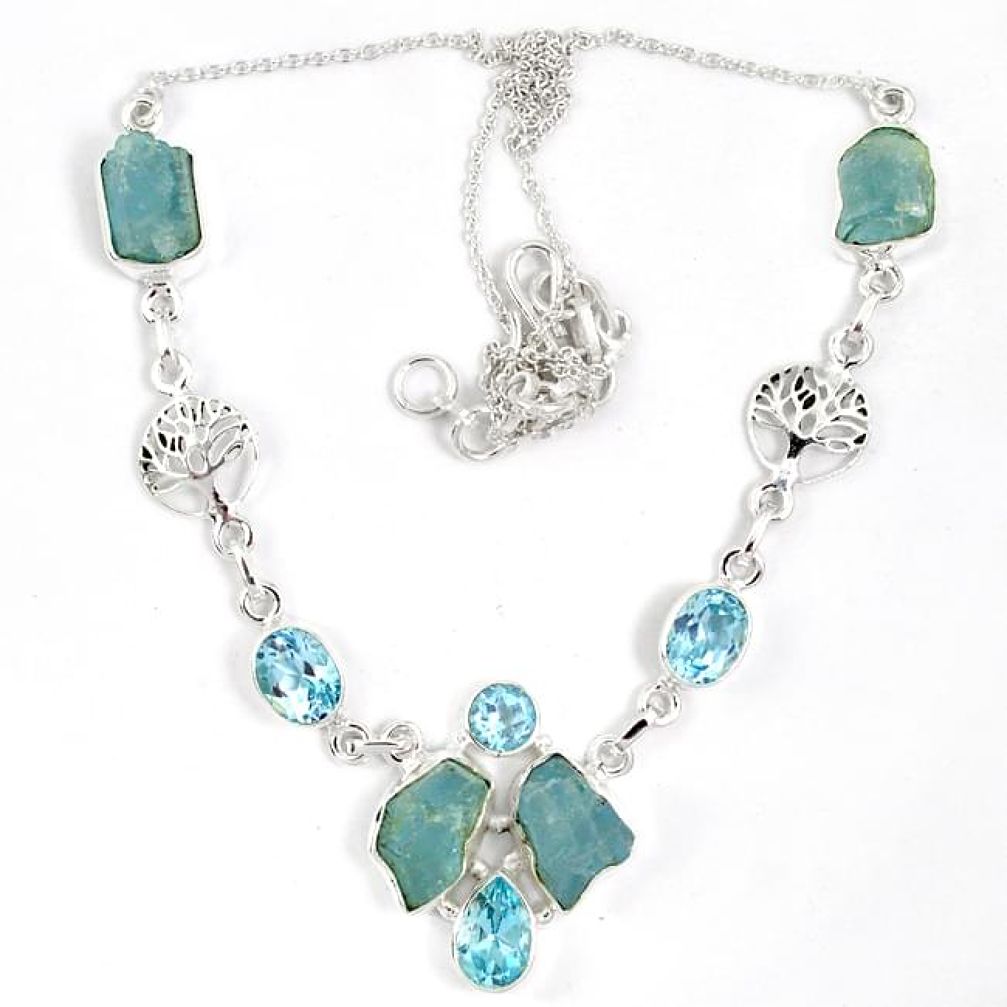 Natural aqua aquamarine rough druzy topaz 925 silver necklace j15975