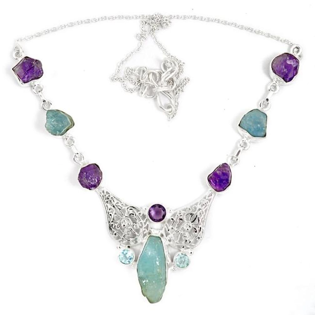 Natural aqua aquamarine amethyst rough druzy 925 silver necklace j15980