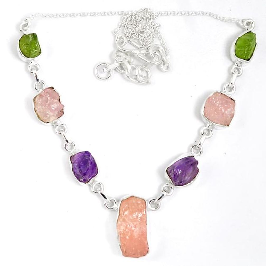 Pink kunzite rough peridot amethyst rough druzy 925 silver necklace j15983