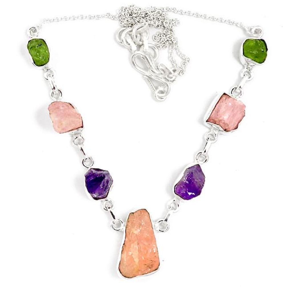 Natural pink kunzite amethyst peridot rough 925 sterling silver necklace j15988