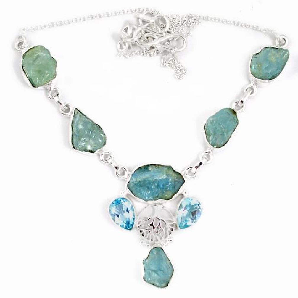 Natural aqua aquamarine rough druzy topaz silver tree of life necklace j16000