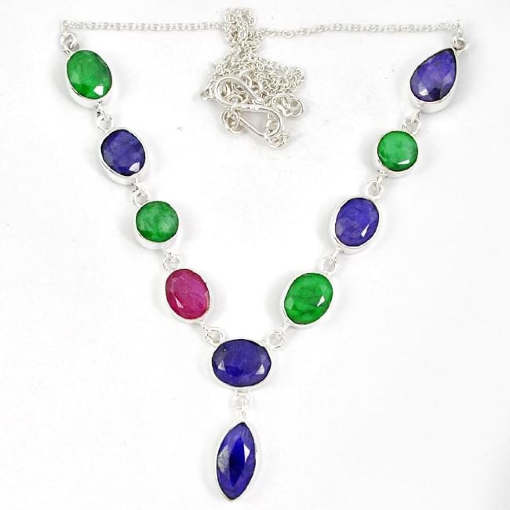 Blue sapphire quartz emerald ruby 925 sterling silver necklace jewelry j19393