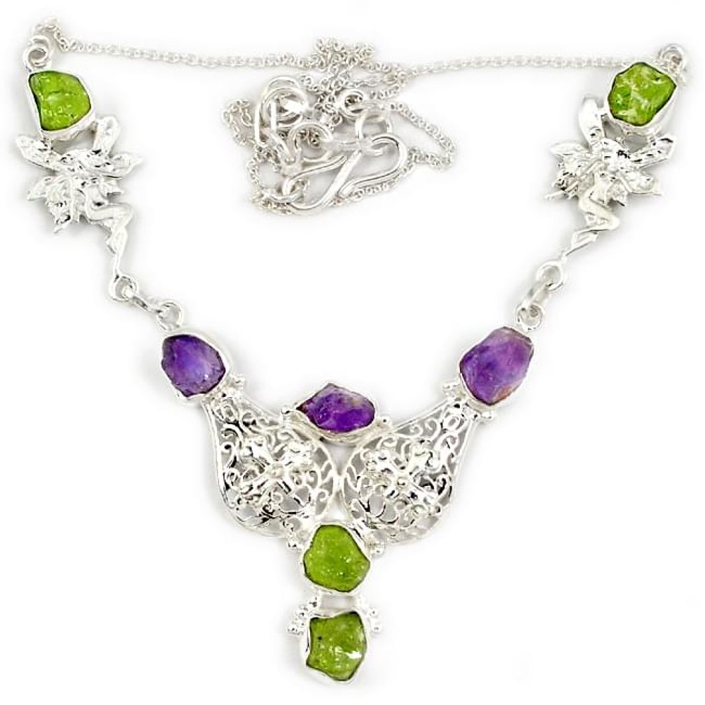 Natural green peridot amethyst rough druzy 925 silver angel wing necklace j19400