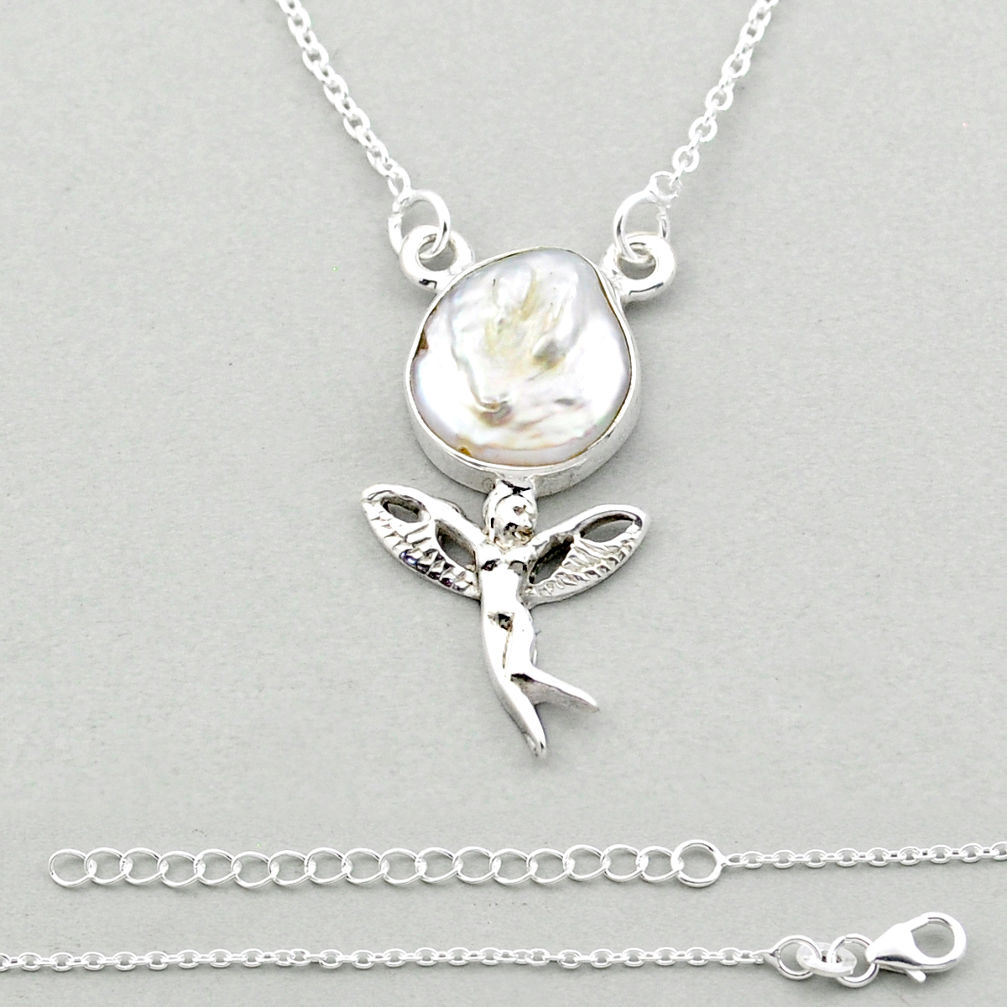 6.31cts angel wing fairy sea life natural white pearl 925 sterling silver necklace u14406