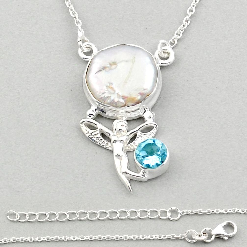 8.67cts angel wing fairy sea life natural white pearl topaz 925 silver necklace u14281