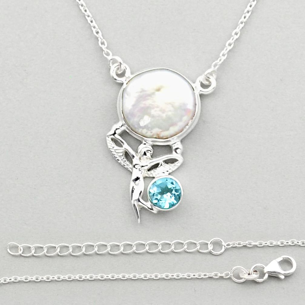 8.43cts angel wing fairy sea life natural white pearl topaz 925 silver necklace u14381
