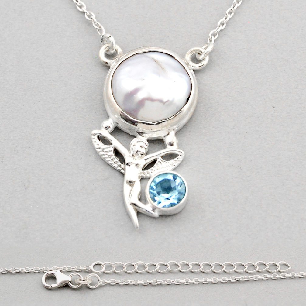 9.67cts angel wing fairy natural white pearl topaz 925 silver necklace y86998