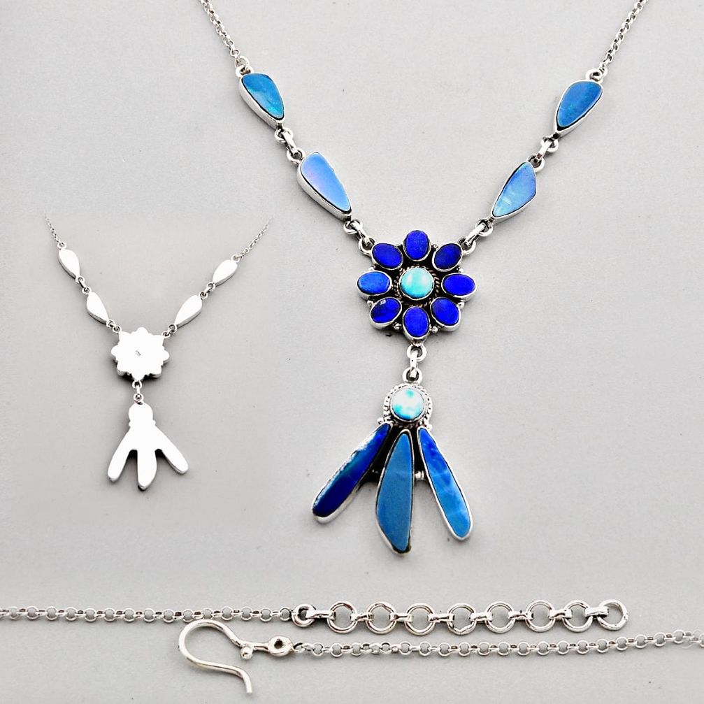 35.01cts back closed blue doublet opal australian larimar silver necklace c34134